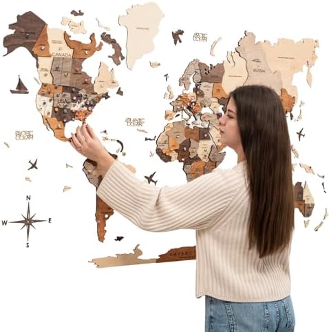 Enjoy The Wood 3D Wood World Map Wall Art Large Wood Wall Décor H...