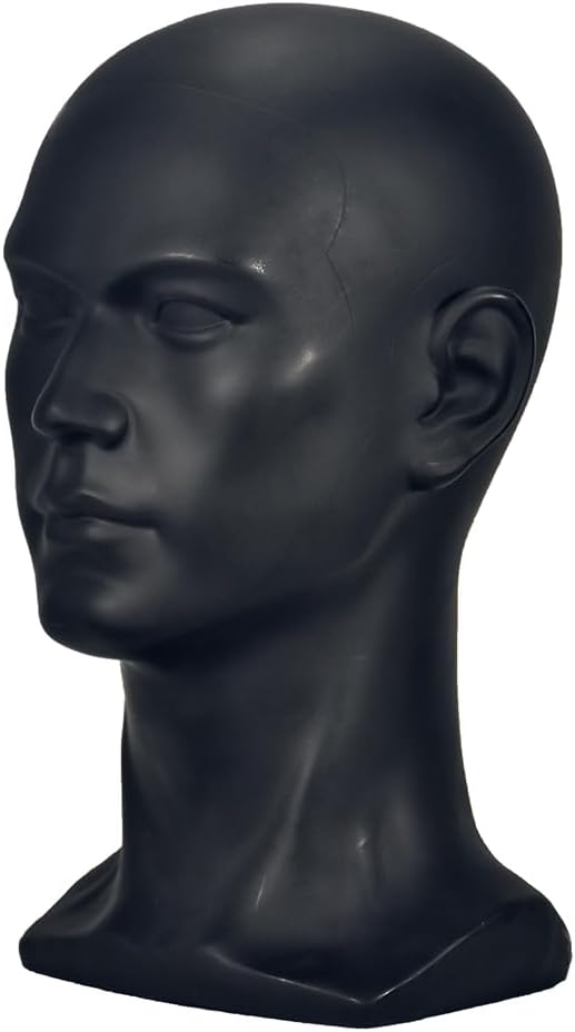 PVC Mannequin Head Black Male Manikin Dummy Stand Model Display Hat Scarf Wigs Hair Glasses Hat Beauty Styling Tool with Mount Hole (L30 Matte Black)
