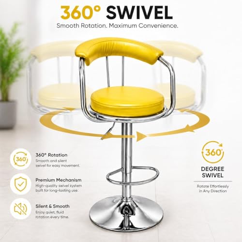 Image of Kemon Modern Adjustable Swivel Bar Stool Chair with Backrest, PU Leather Hydraulic Counter Stool with Footrest for Kitchen Island, Cafe & Home Bar (1, Yellow, Round Barrel Stool)