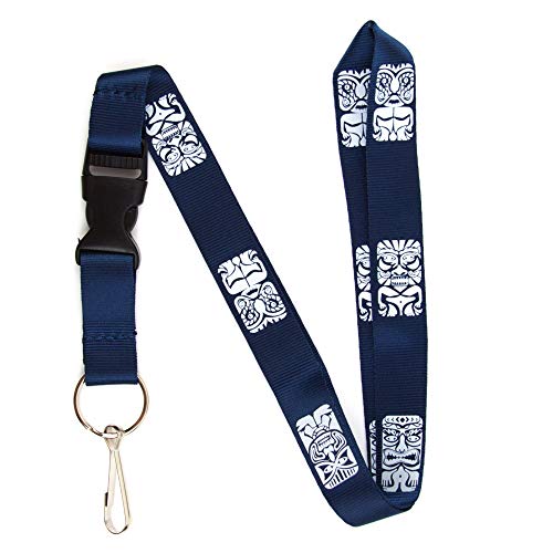 Tiki Mask Lanyard – Hawaiian Tribal Keychain and ID Holder with Detachable, Breakaway Buckle for Keys or Badge – Durable Nylon – Novelty Necklace (Navy Blue)