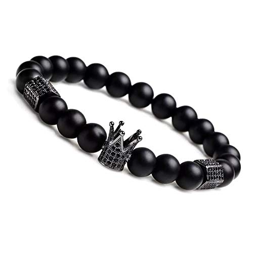 8mm Charm Beads Bracelets for Men with Black Onxy Stone King Crown Skull Handmade Jewelry, 7.5" Mens Bracelet2