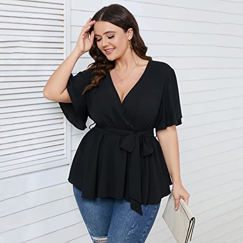 SCOMCHIC Women's Plus Size Short Sleeve V Neck Wrap Belted Ruffle Peplum Blouse Tops2