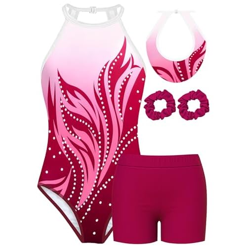 MOLLDAN Gymnastics Leotard for Girls Halter Neck Biketard Unitard Tumbling Activewear for Kids,No Diamond Pink Flame 8Y(8-9 Years)