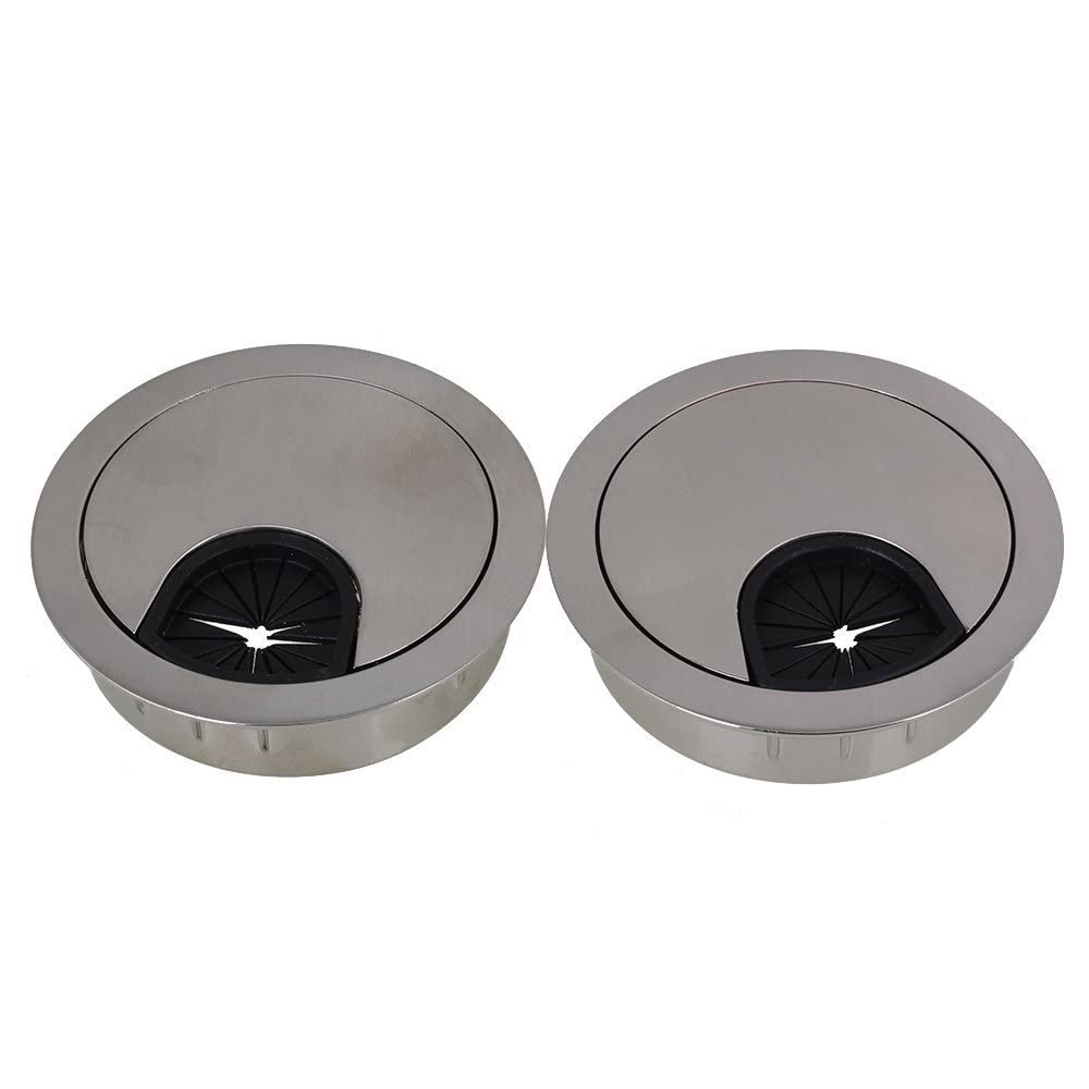 Sybnikolf Brushed Silver Desk Grommet 2 Piece Zinc Alloy Round Table Hole Cover Wire Outlet Port For Computer Pc Desk 50/53/60/80Mm Line Holder(,53Mm)