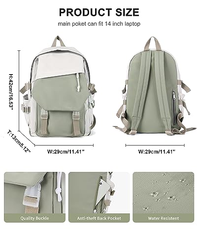 Image of coowoz School Backpack Kids College Aesthetic Cute Backpack Lightweight Casual Daypack Laptop Backpacks Men Women Rucksack Sport High Middle School Bookbag for Girls Boys Gray Green white