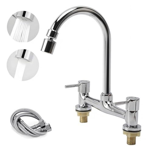 Rehomy Keukenmengkraan met 2 functies beluchter, aanrecht kraan met 2 x 60 cm koude en warme pijpen, 2 gaten draaibare uitloop, op het dek gemonteerd