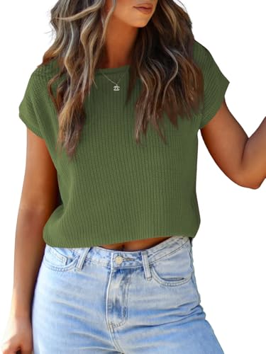 Image of LCXWFE Womens Summer Cropped Sweater Vest Trendy Cap Sleeve Crop Tops Crew Neck Loose Knit Tank Top