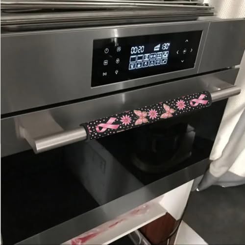 Image of Refrigerator Door Handle Covers Set of 6 Kitchen Electrical Appliance Decor Handles Keep Clean, for Breast Cancer Awareness Home Decor, Pink Ribbon Daisy Butterfly Print