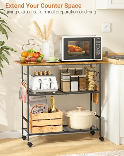 image for ThreeHio Kitchen Island with 3 Shelves, Rolling Kitchen Cart with 6 Ho