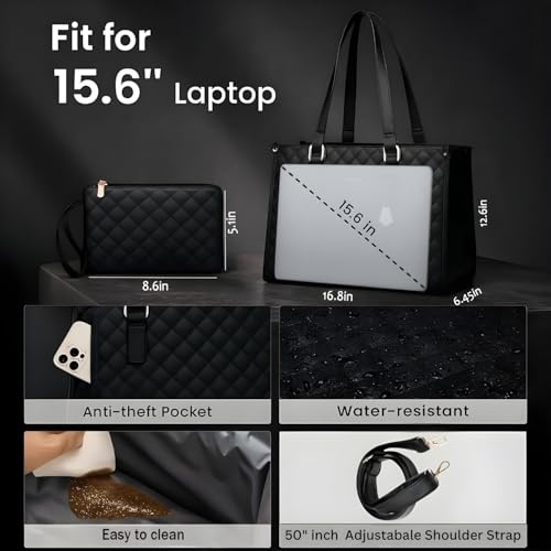 Image of Glamify Tote Bag for Women, Stylish Ladies Tote Bag 2-in-1 with Lunch Compartment & Purse Combo | Leak-Proof Laptop Handbag for Office, College, Travel & Daily Use (Black) | Polyester+Peva, Lining Material, Insulated, Water Resistant, Multifunction, 3 in 1 Use