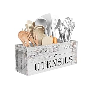 Suli Extra Large Kitchen Utensils Holder with 4 Compartments, Wooden Utensil Organizer for Kitchen Countertop, Farmhouse Kitchen Decor, Rustic Cooking Utensil – White grain