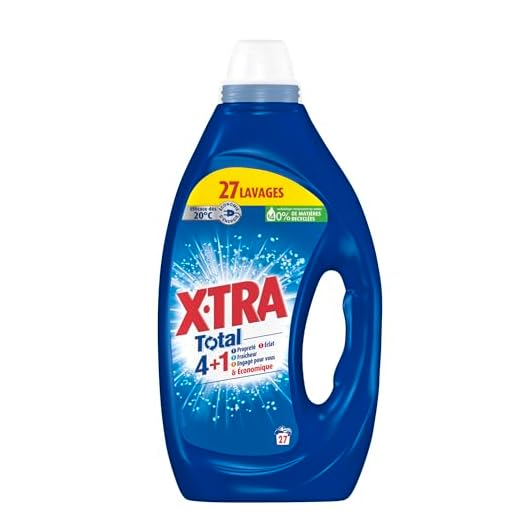 Xtra X, Tra Total - Lessive Liquide - 4 plus 1 - Propreté - Eclat - Fraîcheur - Engagé pour vous - Economique - Une seule lessive pour tout votre linge - Efficace des 20°C - 27 Lavages