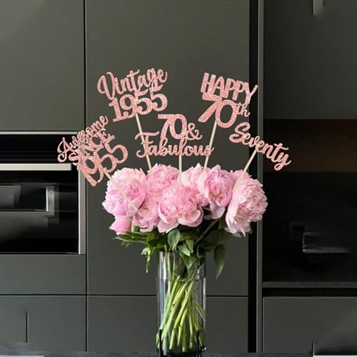Image of 15 PCS 70th Birthday Centerpiece Sticks Seventy Glitter Happy 70th Vintage 1955 Table Flower Centerpieces Sticks Cheers to 70 Fabulous Floral Decorations for 70th Birthday Party Supplies Rose Gold