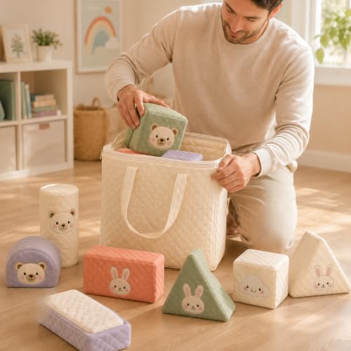 Juju Soft Quilted Stacking Blocks Set – Twelve Foam Shapes in Removable Washable Covers with Embroidered Animal Faces – Sage Cream Lavender and Coral Nursery Decor – Zip Storage Tote Included - Image 4