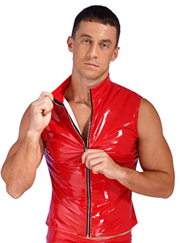 Hedmy Mens Sexy Solid Latex Patent Leather Tank Top Zipper Sleeveless Vest Jacket Waistcoat Clubwear2
