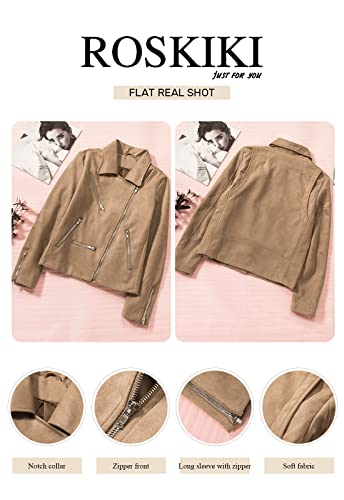 Roskiki Evaless Womens Slim Tailoring Faux Suede Jackets Short Jacket Coat Moto Biker Jacket Khaki M #TOP4