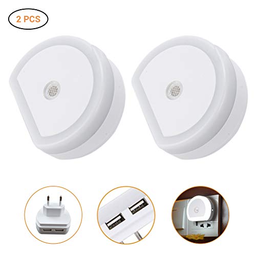 Preisvergleich Produktbild Comtervi Nachtlicht mit Bewegungsmelder, LED Nachtlicht Steckdose, 2 Ports USB Ladegerät, Lichtsensor, 5V 2A, Auto / ON / Off