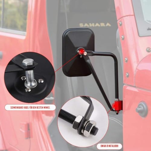 JeCar Seitenspiegel, quadratisch, türlos, Rückspiegel mit Schnellverschluss, für Jeep Wrangler CJ YJ TJ JK JL & Unlimited, strukturiertes Schwarz