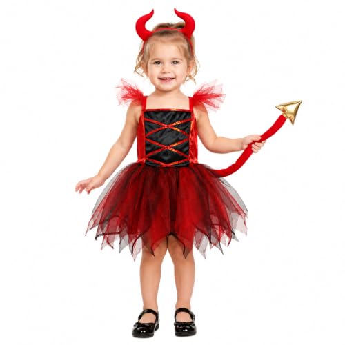 Disfraz completo de diablo niña talla 7-9 años rojo
