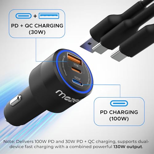 Image of MOZEN by AMKETTE Drive Ultra 3 in 1 130W Car Charger /car Laptop Charger Fast Charging Type C 100W + USB-A + C 30W, Metallic Build, Advanced PowerSplit Safety Protocols, for Mobile, Tablets & Laptops