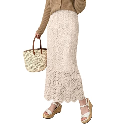 chouyatou Women's Bodycon Floral Embroidered Knit Skirt Lace Crochet Eyelet Pencil Flared Midi Skirt