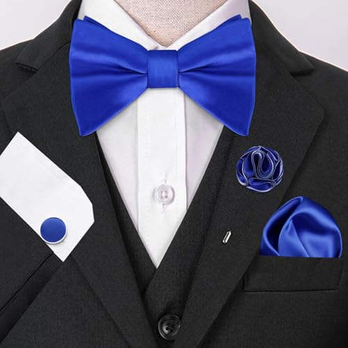 Image of Alizeal Mens 4pcs Formal Solid Bow Tie Set | Pre-tied Pocket Square Cufflinks Boutonniere for Wedding Everyday Use