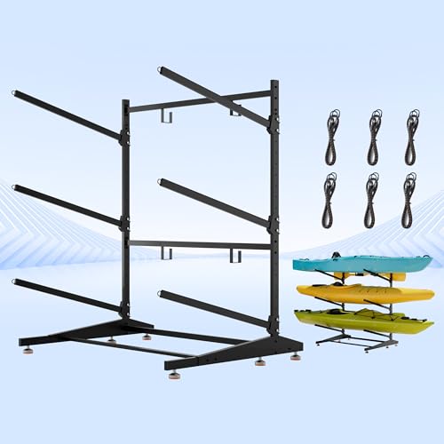 Image of 3-Tier Freestanding Kayak Storage Rack, Heavy Duty Outdoor Canoe Stand for Garage & Dock, 330 lbs Capacity, Rust-Proof 304 Stainless Steel Hardware (Black)