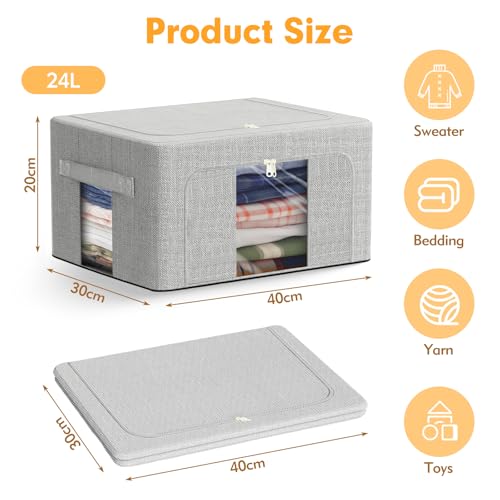 AIOR 3 Stück Aufbewahrungstasche mit Metallrahmen, 24L Faltbare Kleideraufbewahrung Schrank Organizer für Kleidung, Decken, Kissen Quilt