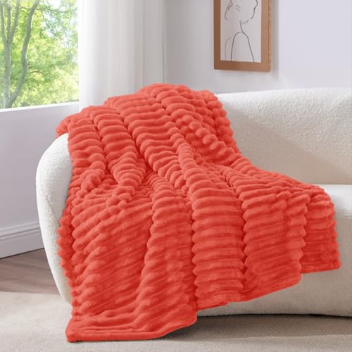 Image of BEDELITE Ribbed Fleece Throw Blanket for Couch, Coral Red, 50 inchx60 inch | Ultra-Soft Plush Fleece, Warm Yet Lightweight, Ribbed Texture, Home Decor, Machine Washable, Giftable, All-Season Use