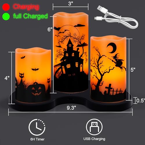 Image of Wondise Halloween Rechargable Flickering Flameless Candles with 6H Timer, Battery Operated LED Real Wax Candles with Charging Base Set of 3 Halloween Home Decoration Gifts(3 x 4 5 6 Inch)