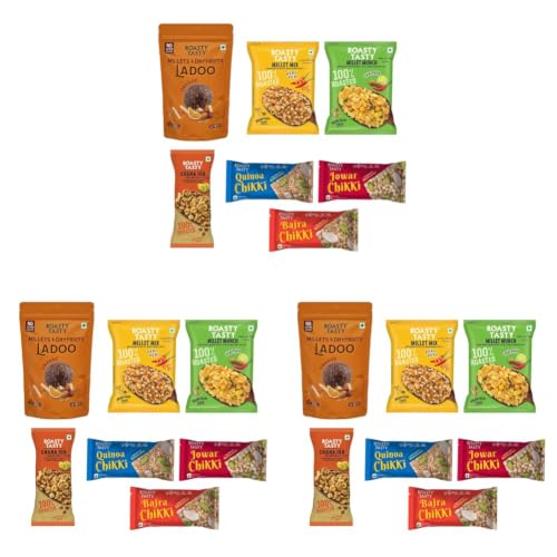 Image of Roasty Tasty Assorted Healthy Snacks & Sweets Combo | Orange Millet Ladoo, Chikki & Roasted Namkeen Mix | Sugar Free Sweets Alternative to Chocolate | Palm Oil Free Snacks for Adults | Healthy Gifting Hamper