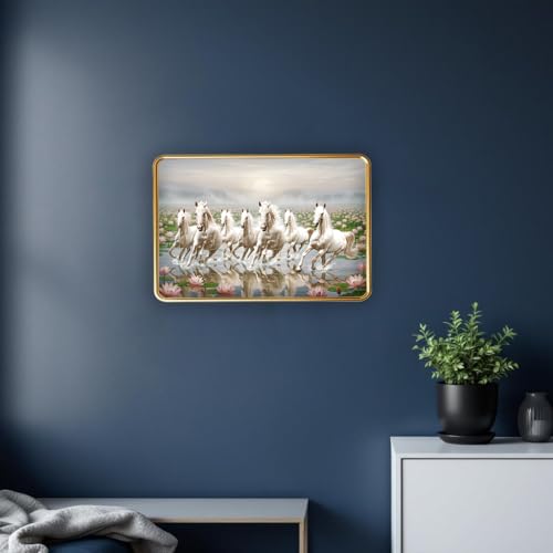 Image of Dharvika Innovations Vastu 7 Seven Running Horse Photo Frame, Golden Slim Frame, Sparkle Coated Lamination, 30x45 cm (Design 3)