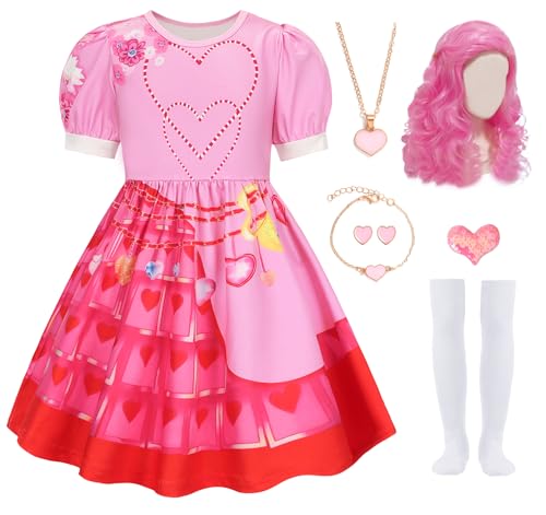 RuuYiicoco 7 Pcs Pink Rise Costume for Girls Red Princess Dress with Wig (Pink 8-9 Years)