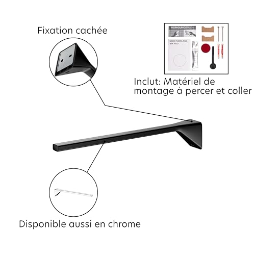 Porte-serviettes noir mat rigide de 34 cm pour fixation sans perçage
