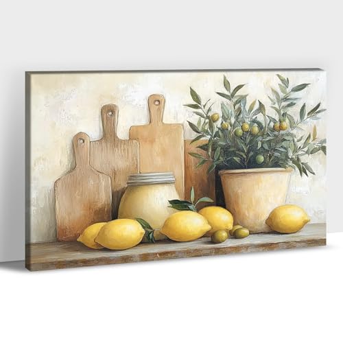 GUTTATY Lemon Kitchen Canvas Wall Art, Rustic Fruit Still Life