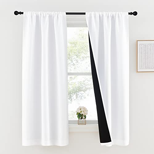 NICETOWN White 100% Blackout Lined Curtains, 2 Thick Layers Completely Blackout Rod Pocket Thermal Insulated Drapes for Kitchen/Bedroom (1 Pair, 37 in