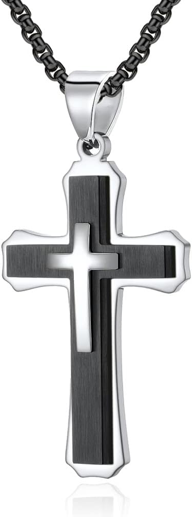 Large Cross Necklace for Men, Stailess Steel Silver Black Gold Cross Triple Layer Big Cross Pendant Unisex Faith Jewelry Gift for Prayer 28 Inches Box Chain