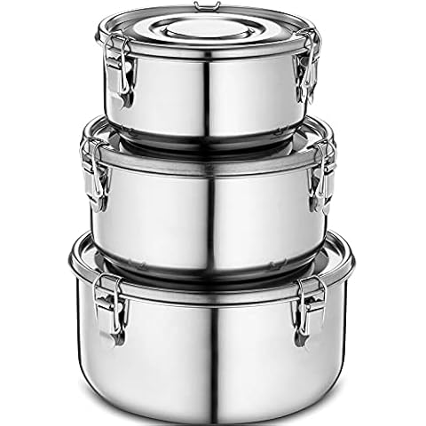 KLEE UTENSILS Stainless Steel Food Storage Containers with Lids 304 Stainless Steel Airtight Containers, Leakproof, Smell-Proof - 3-Piece Set, Small, Medium, Large Size (20, 33, 50 fl oz) Cover