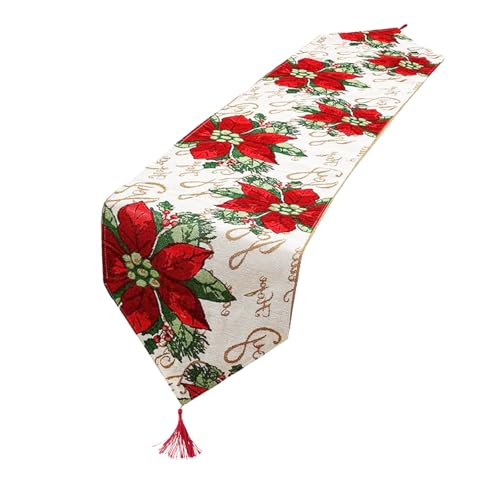 Cragmut Camino de Mesa Navideño, Camino de Mesa de Lino Rojo Navidad con Flores Rojas Decoraciones Navideñas para Fiesta Navideña Decoración de Mesa de Comedor (33 x 180 cm)