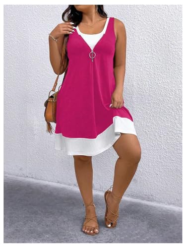 Image of Verdusa Women's Plus Size Summer Dress Color Block Quarter Zip Tank Dress Sleeveless Short Dresses