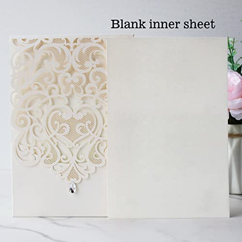 Hosmsua 50Pcs White Wedding Invitations Kit 5 X 7.3 Inch Laser Cut Hollow Rose Rhinestone Pocket With Envelope For Quinceanera Bridal Shower Invite (White Ivory) #TOP4