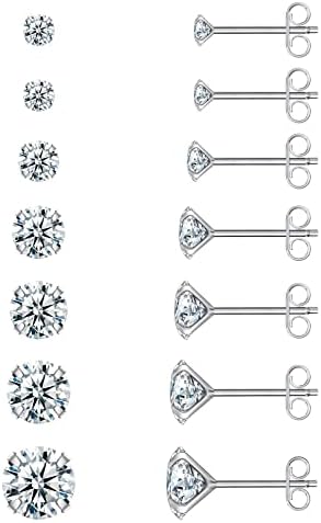 Earrings for Women, 7 Pairs Stud Earrings Set for Men Girl, COMOSO 18K White Gold Plated S925 Sterling Silver Cubic Zirconia Earrings Studs 3-8mm, Birthday Christmas Gift