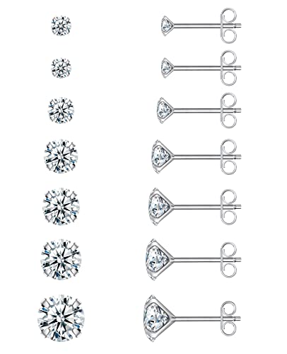 Earrings For Women, 7 Pairs Stud Earrings Set For Men Girl, Comoso 18K White Gold Plated S925 Sterling Silver Cubic Zirconia Earrings Studs 3-8Mm, Birthday Christmas Gift #TOP2