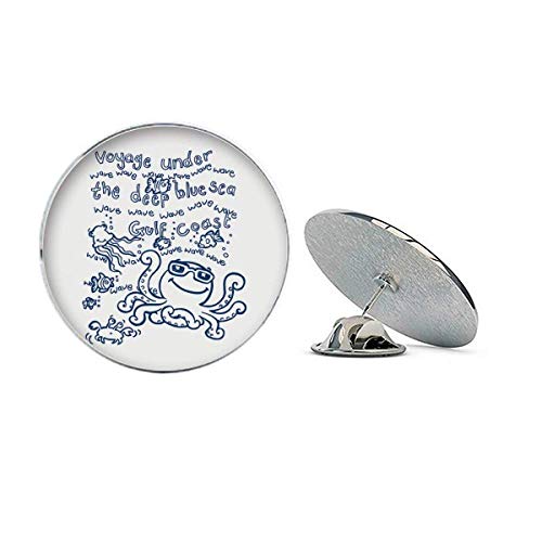 Broche de chapéu de metal redondo com padrão de vida marinha azul polvo