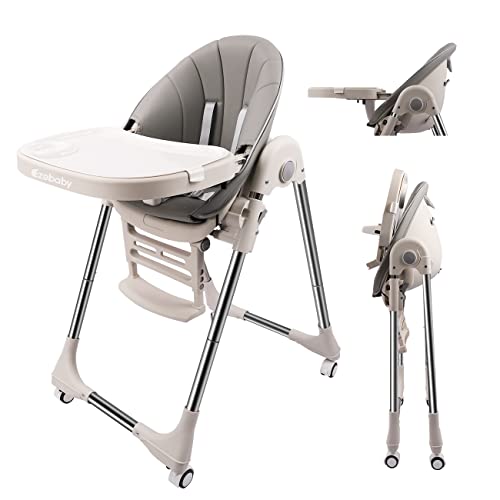 Image of Ezebaby Baby High Chair for Toddlers Kids Feeding Height Convertible with Removable Tray, Portable Children Dining Reclining Foldable Highchairs with Wheels (Grey)