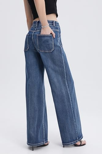 Women's High Waist Wide Leg Jeans Stretchy Loose Denim Pants with Two Button Detail3