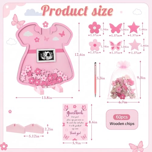 Image of Kosiz Pink Dress Baby Shower Guest Book, Acrylic Guest Book Alternative with Wooden Flowers and Butterflies for 60 Guests, Baby Shower Sign and Nursery Keepsake