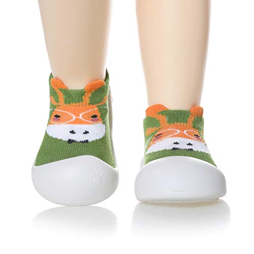 Baby Boy Girls Toddlers Moccasins Non-Skid Indoor Floor Slipper Kid Child Breathable Cotton Outdoor Shoes Socks (Green Giraffe, Insole: 4.92 Inch)