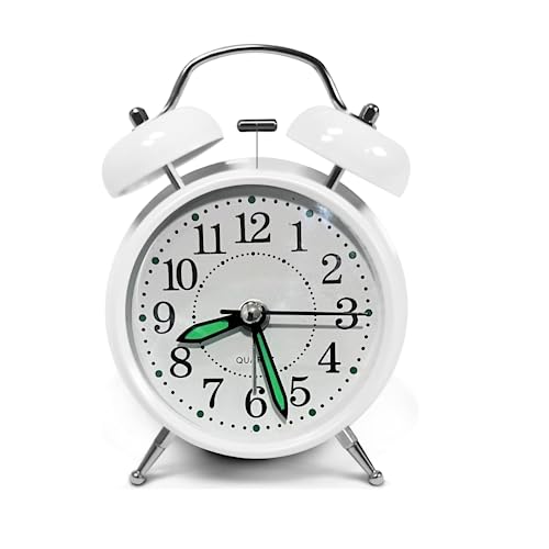 3'' Twin Bell Alarm Clock - Loud Alarm - Retro/Vintage/Old Fashion Look - Great for Heavy Sleepers - Non Ticking - Battery Operated Quartz Analog Clock (White)