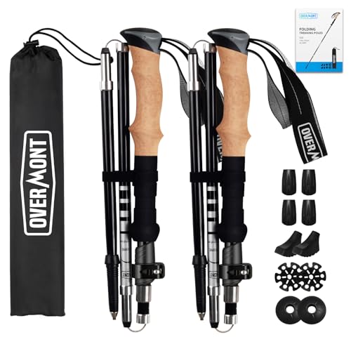 Overmont Wanderstöcke Carbon Ultraleicht faltbar verstellbar 105-125CM Trekkingstöcke Stoßdämpfend Nordic Walking Stöcke 1 Paar mit All Terrain Zubehör